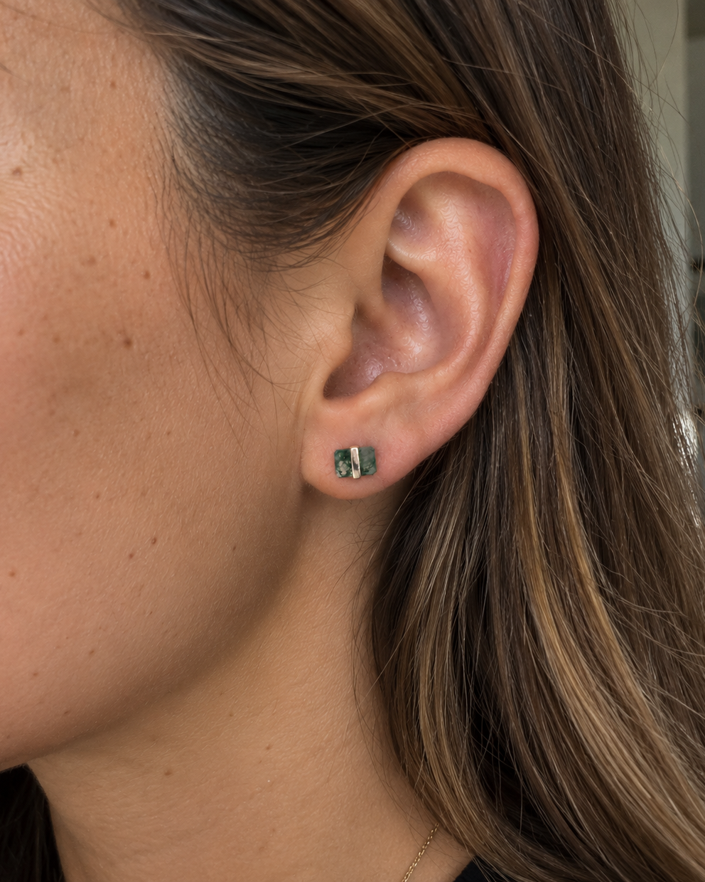 Moss Agate Stud Earrings - 925 Silver