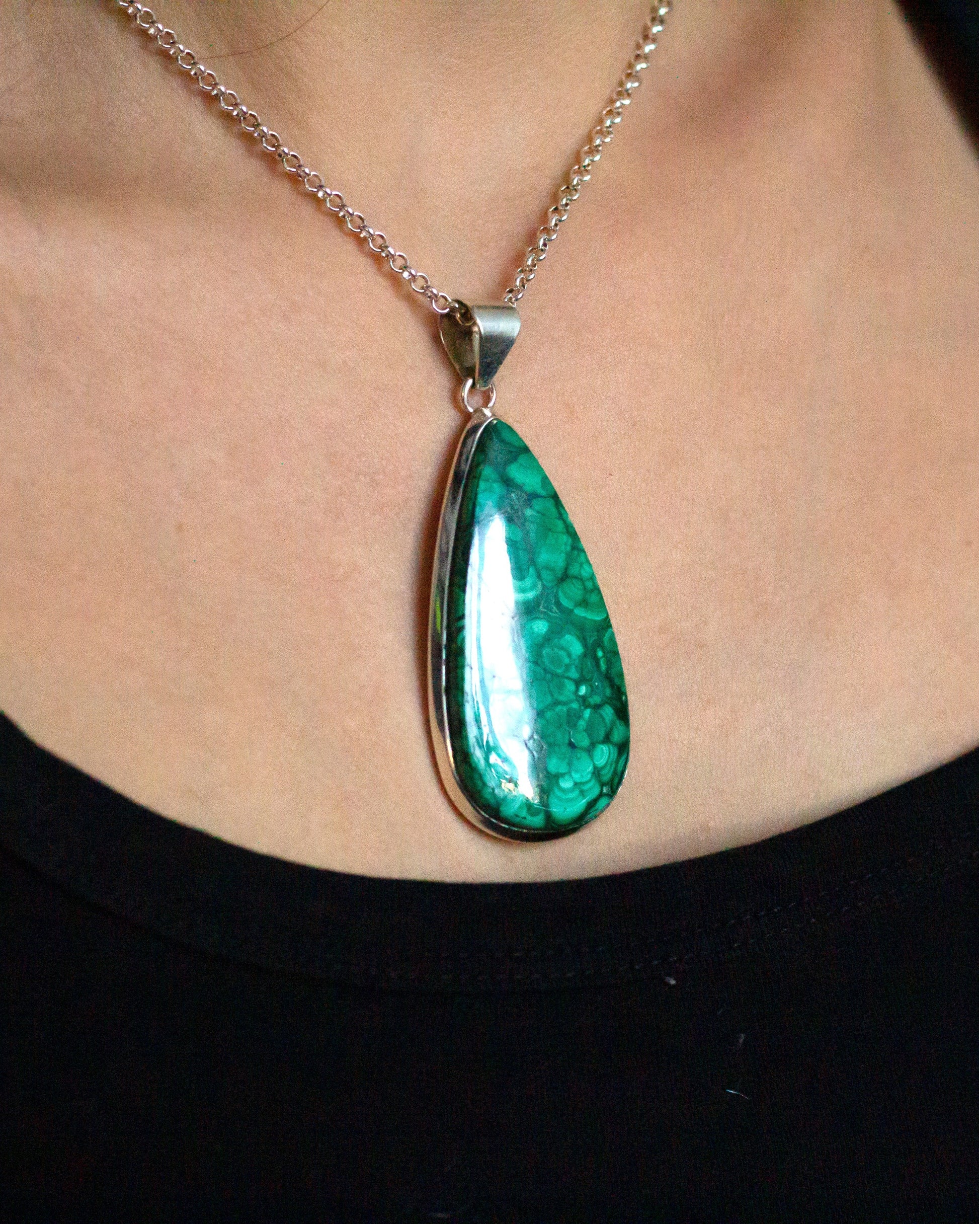 Large Malachite Necklace in Silver