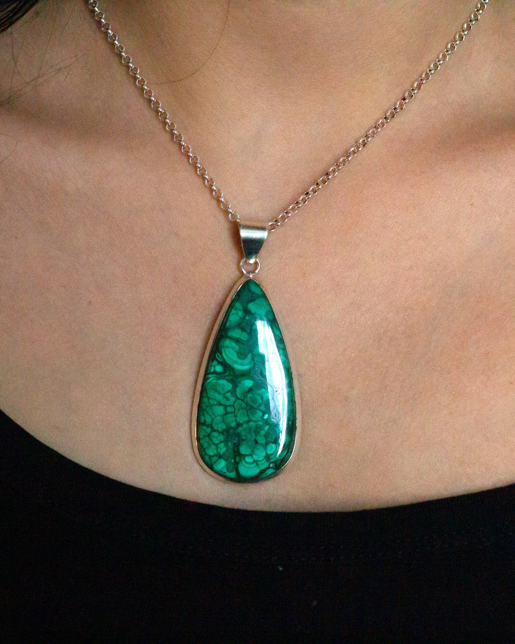 Large Malachite Necklace in Silver