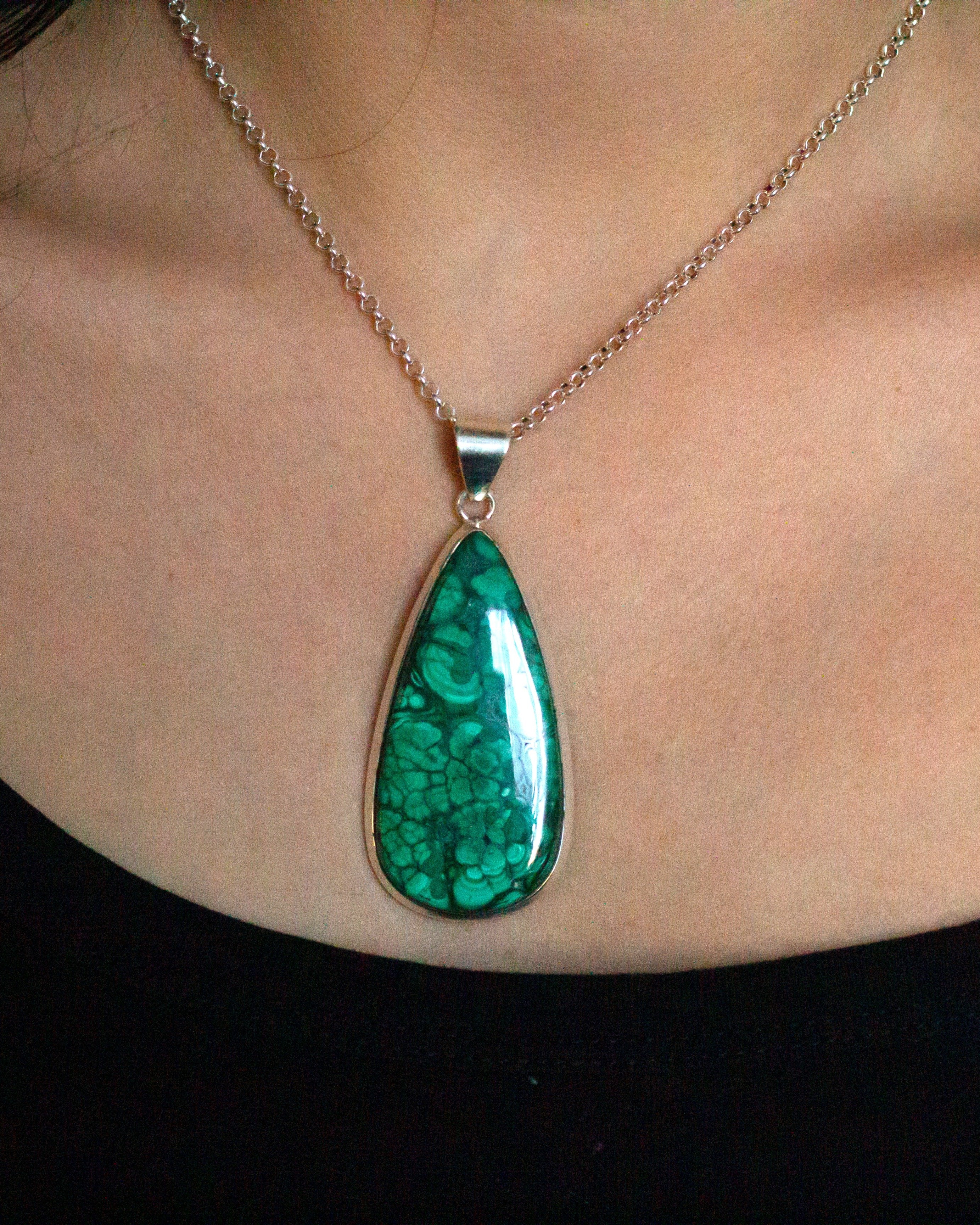 Large Malachite Necklace in Silver