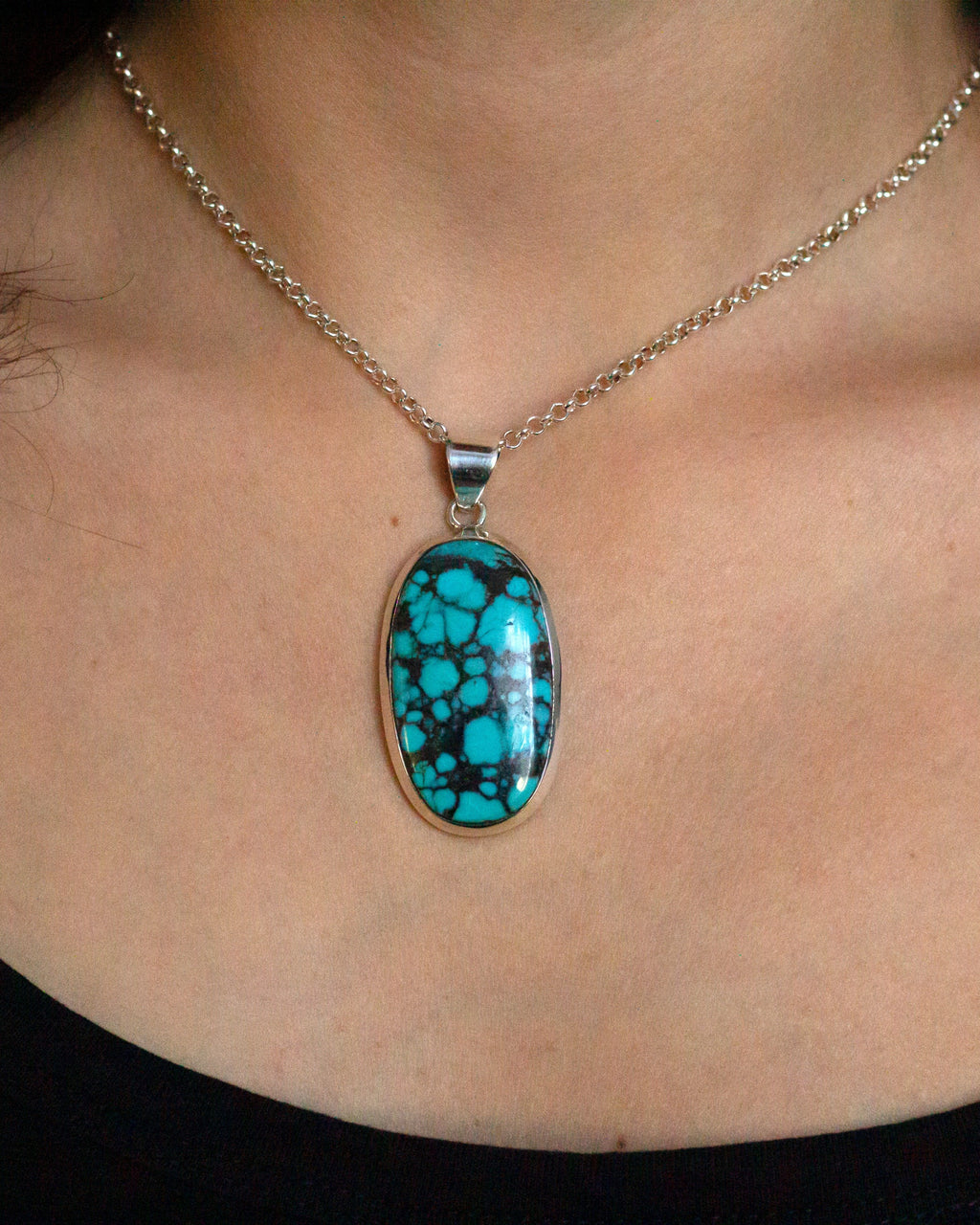 Tibetan Turquoise Necklace in Silver oval